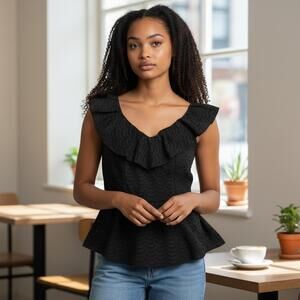 White House Black Market Black Eyelet Peplum Top Size 4